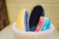 basket with combs and round hair brushes Royalty Free Stock Photo