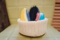 basket with combs and round hair brushes Royalty Free Stock Photo