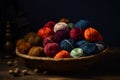 Basket containing multiple colorful balls of yarn is placed on wooden table, showcasing various textures and sizes of yarn. Royalty Free Stock Photo