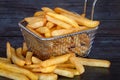 Basket of cooked fries isolated on a gray background