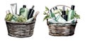 Basket with cosmetics, watercolor clipart illustration with isolated background