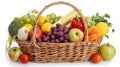 A basket on a counter holds green , purple grapes, a green apple, oranges, green peppers, zucchini, parsley, broccoli