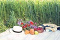 Basket, croissans, plaid and juice in a poppy field