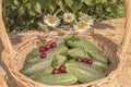 Still life basket of cucumbers with a bouquet of daisies