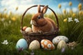 Basket with a cute fluffy rabbit and multi colored Easter eggs Royalty Free Stock Photo