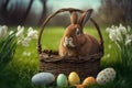 Basket with a cute fluffy rabbit and multi colored Easter eggs Royalty Free Stock Photo