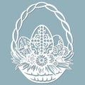 Basket, dandelion, grass, bell, cross, leaves, flowers, chamomile carved in egg. Vector illustration. Easter eggs for Easter