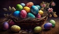 Basket of decorated colored easter eggs. Generatie AI illustration. Royalty Free Stock Photo
