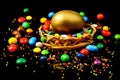 A basket of delicious Easter eggs and sweets isolated on black b