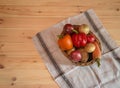 Basket with different fresh farm vegetables. Top view with copy cpace