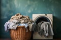 Basket dirty clothes near machine. Generate Ai