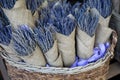 Basket of of dried lavender bouquets in the flowers bar. Royalty Free Stock Photo