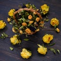 A basket of dry dead yellow roses on a dark wood table Royalty Free Stock Photo