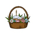 Basket with Easter cakes, eggs, church candle, flowers and grass. Bright vector illustration for card, print and sticker