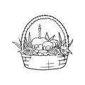 Basket with Easter cakes, eggs, church candle, flowers and grass. Coloring book, black and white illustration for card