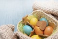 Basket with Easter colored eggs and homemade cookies