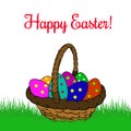 Basket with Easter colored eggs in peas, on green grass, cartoon