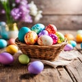 Basket with colorful painted easter eggs on wooden table and background. Royalty Free Stock Photo