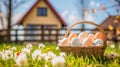 A basket of Easter eggs, adorned by a vibrant array of flowers, stands as a delightful centerpiece in front of the charming house Royalty Free Stock Photo