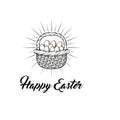 Basket with Easter eggs in beams. Happy Eater text. Vector illustration. Royalty Free Stock Photo