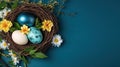 Embrace the spirit of Easter with this vibrant photo, featuring a basket overflowing with beautifully colored eggs