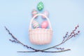 basket with Easter eggs and branches of flowering willow on a blue background Royalty Free Stock Photo