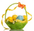 Basket with easter eggs, butterfly and ribbon on handle, isolate