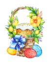 Basket with easter eggs, cake and flowers Royalty Free Stock Photo