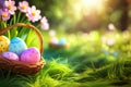 Basket of easter eggs with flowers on the grass in a sunny spring garden. Royalty Free Stock Photo