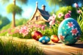 Basket of easter eggs with flowers on the grass in a sunny spring garden.. Royalty Free Stock Photo