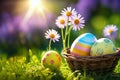 Basket of easter eggs with flowers on the grass in a sunny spring garden. Royalty Free Stock Photo