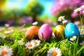 Basket of easter eggs with flowers on the grass in a sunny spring garden. Royalty Free Stock Photo