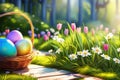 Basket of easter eggs with flowers on the grass in a sunny spring garden. Royalty Free Stock Photo