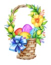 Basket with easter eggs and flowers Royalty Free Stock Photo