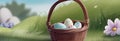 Basket with easter eggs on green grass background, 3d illustration Royalty Free Stock Photo
