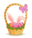 Basket with Easter eggs, rabbit ears and butterfly. Vector illustration in simple flat style. Stock illustration Royalty Free Stock Photo