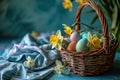 Basket with Easter eggs and spring flowers on blue background Royalty Free Stock Photo