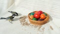 Basket with Easter Eggs and Titmice