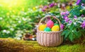 Basket with Easter eggs on a trunk of a mossy tree in the spring forest, selective focus - season greeting card