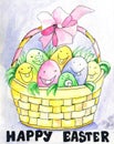 Basket with Easter eggs. Watercolor handmade postcard.