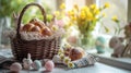 A basket of easter treats sitting on a table next to flowers, AI