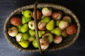 raw autumn fresh fruits as apples pears in the basket