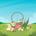 Basket With Eggs Flowers Easter Holiday Present Rabbit Nature Spring Background Royalty Free Stock Photo
