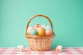 basket with eggs on a pastelcolored backdrop