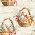 A basket of eggs with a pink ribbon is shown in a pattern of baskets Royalty Free Stock Photo