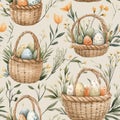 A basket of eggs is shown in a pattern of baskets Royalty Free Stock Photo
