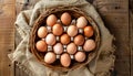 Basket of eggs is sitting on a wooden table Royalty Free Stock Photo