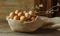 A basket of eggs is sitting on a wooden table Royalty Free Stock Photo