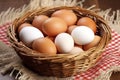 a basket of farm fresh eggs on a straw surface Royalty Free Stock Photo