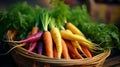 Basket filled with artistically arranged rainbow colored carrots